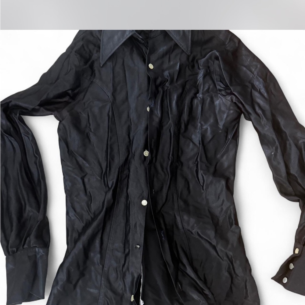Sleek Black Sheer Long Sleeve Button-Up Shirt